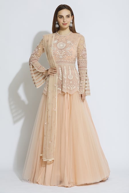 Tarun Tahiliani Peach Embroidered Kurta Lehenga Set