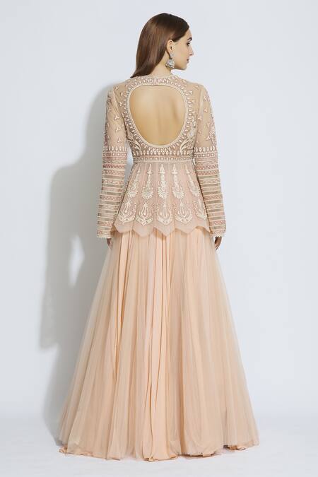 Shop_Tarun Tahiliani_Peach Embroidered Kurta Lehenga Set_at_Aza_Fashions