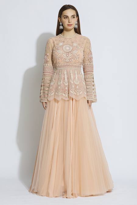 Tarun Tahiliani_Peach Embroidered Kurta Lehenga Set_Online_at_Aza_Fashions