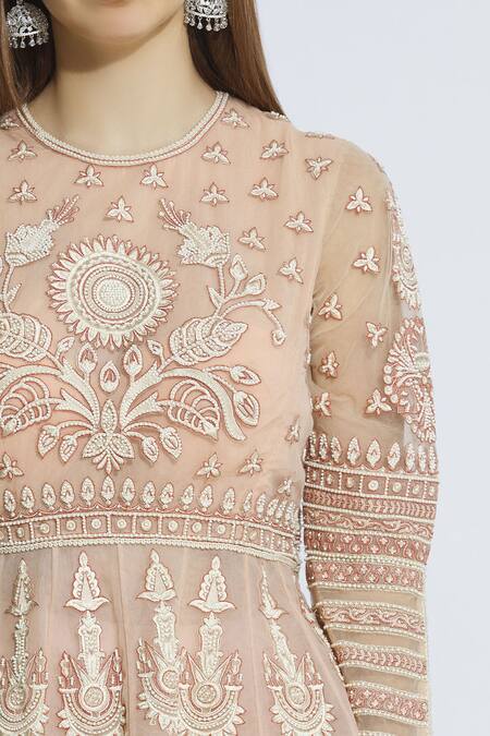 Shop_Tarun Tahiliani_Peach Embroidered Kurta Lehenga Set_Online_at_Aza_Fashions