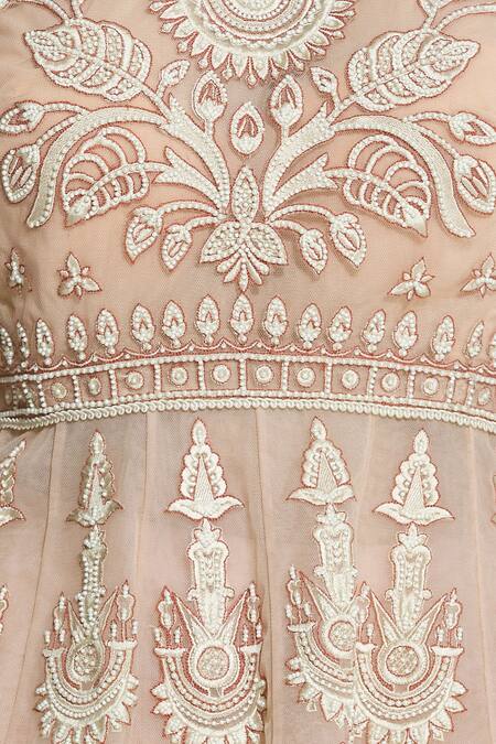 Tarun Tahiliani_Peach Embroidered Kurta Lehenga Set_at_Aza_Fashions