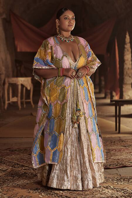 Itrh_Multi Color Lampi Embroidered Kaftan Lehenga Set_Online_at_Aza_Fashions