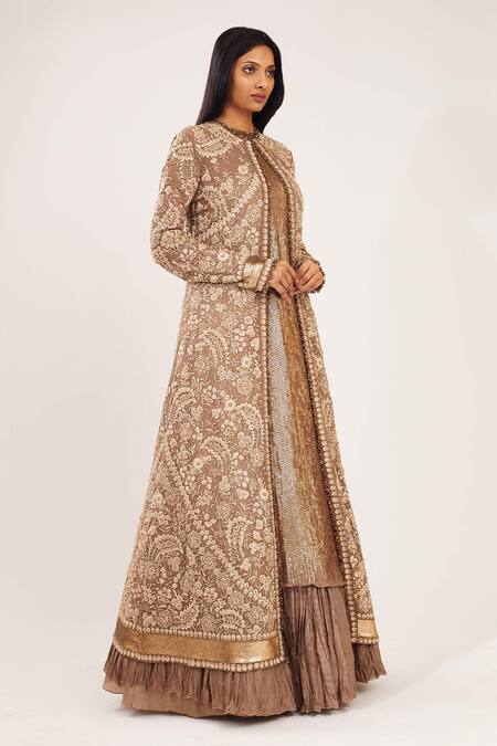 Nakul Sen_Brown Chiffon Round Floral Embroidered Jacket And Crinkled Skirt Set_Online_at_Aza_Fashions