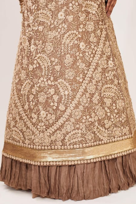 Nakul Sen_Brown Chiffon Round Floral Embroidered Jacket And Crinkled Skirt Set_at_Aza_Fashions