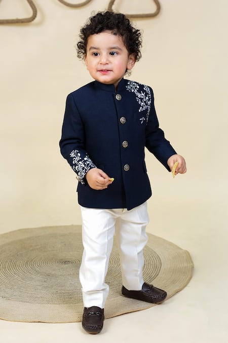Little Boys Closet_Blue Cotton, Satin Embroidery Placement Bandhgala With Pant _Online_at_Aza_Fashions