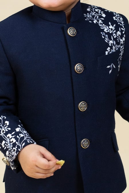 Buy_Little Boys Closet_Blue Cotton, Satin Embroidery Placement Bandhgala With Pant _Online_at_Aza_Fashions