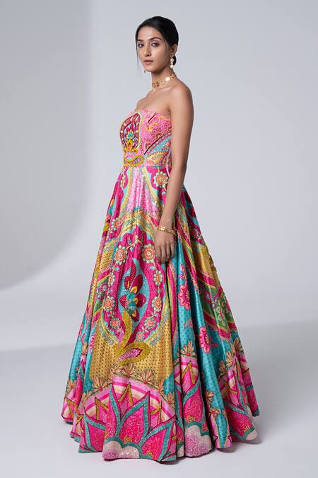 Buy Siddhartha Bansal Multi Color Silk Taffeta Embroidered 3d Straight Bandeau Gown Online at Aza Fashions Buy_Siddhartha Bansal_Multi Color Silk Taffeta Embroidered 3d Straight Bandeau Gown _Online_at_Aza_Fashions