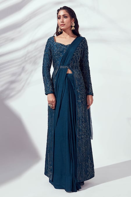suruchi parakh Blue Tussar Silk And Georgette Crepe Lining Jacket & Pre-draped Saree Set