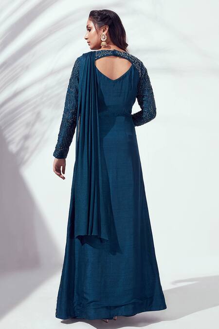 Shop_Suruchi Parakh_Blue Tussar Silk And Georgette Crepe Lining Jacket & Pre-draped Saree Set _at_Aza_Fashions