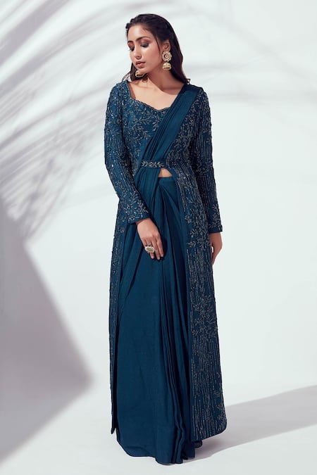 Buy_Suruchi Parakh_Blue Tussar Silk And Georgette Crepe Lining Jacket & Pre-draped Saree Set _Online_at_Aza_Fashions