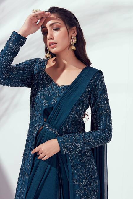 Shop_Suruchi Parakh_Blue Tussar Silk And Georgette Crepe Lining Jacket & Pre-draped Saree Set _Online_at_Aza_Fashions
