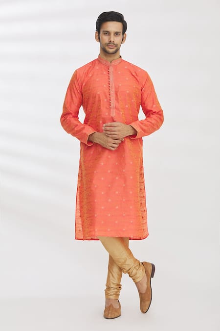 Aryavir Malhotra Orange Jacquard Silk Brocade Woven Floral Kurta Set
