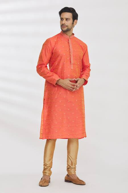 Arihant Rai Sinha_Orange Jacquard, Silk, Brocade Embroidery Floral Kurta _Online_at_Aza_Fashions