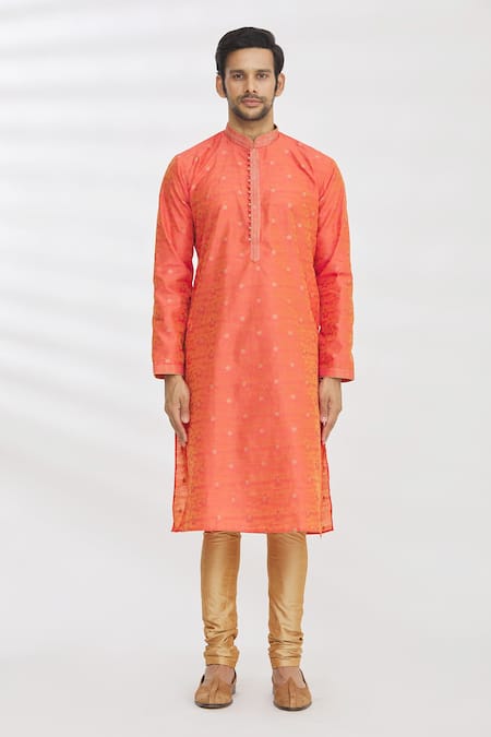 Buy_Arihant Rai Sinha_Orange Jacquard, Silk, Brocade Embroidery Floral Kurta _Online_at_Aza_Fashions