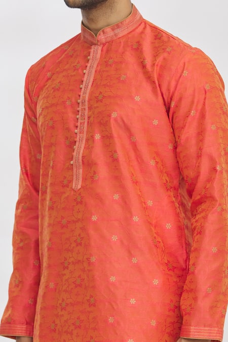 Shop_Arihant Rai Sinha_Orange Jacquard, Silk, Brocade Embroidery Floral Kurta _Online_at_Aza_Fashions
