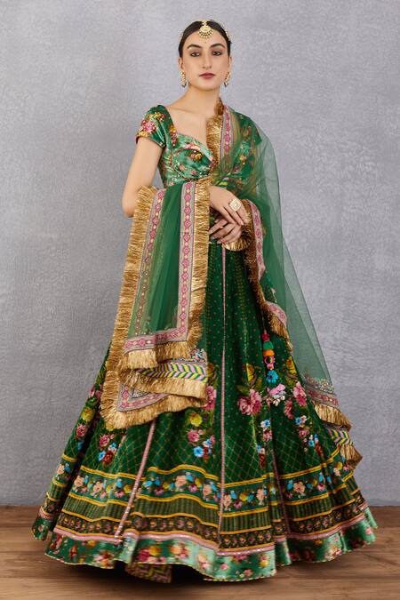 Buy_Torani_Green Blouse And Lehenga Velvet, Cotton Silk Lehenga Panna Qurbat Bridal Set _Online_at_Aza_Fashions