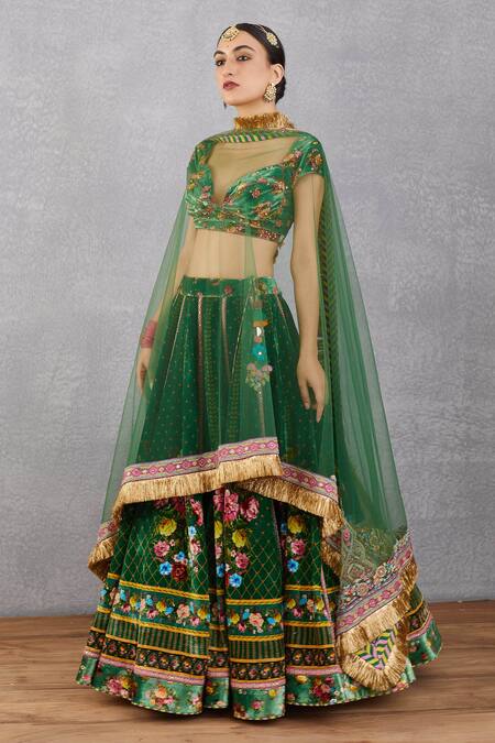 Shop_Torani_Green Blouse And Lehenga Velvet, Cotton Silk Lehenga Panna Qurbat Bridal Set _Online_at_Aza_Fashions