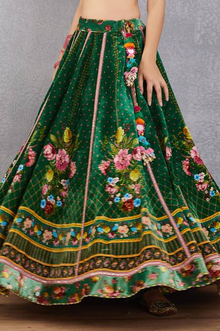 Torani_Green Blouse And Lehenga Velvet, Cotton Silk Lehenga Panna Qurbat Bridal Set _at_Aza_Fashions