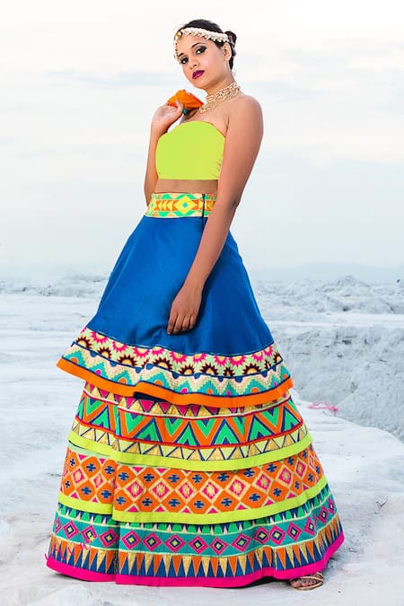 Shop Xoxo Apurva Multi Color Silk Chanderi Layered Lehenga Set at Aza Fashions Shop_Xoxo Apurva_Multi Color Silk Chanderi Layered Lehenga Set _at_Aza_Fashions