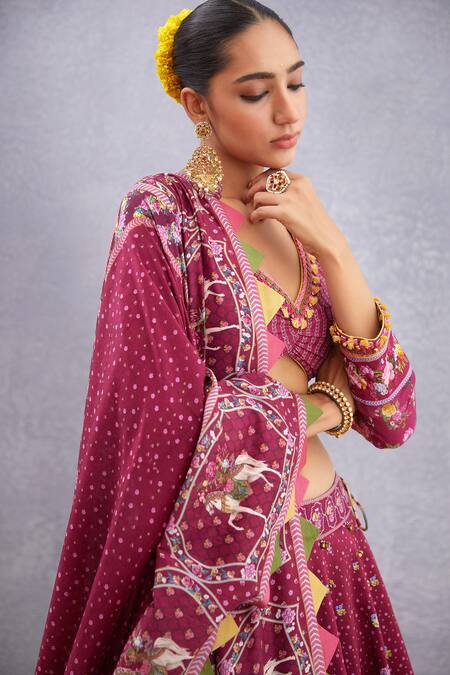 Torani_Red Blouse Thin Handwoven Chanderi, Cancan Dupatta Manika Aoruni Bridal Set_at_Aza_Fashions