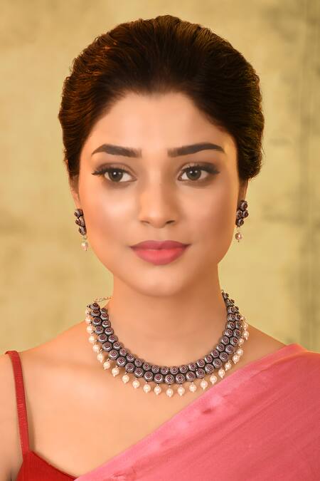Nazaakat By Samara Singh_Silver Plated Stones, Pearls Oxidised Choker Necklace Set _Online_at_Aza_Fashions