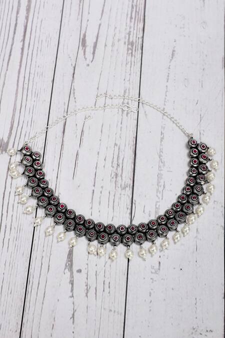 Buy_Nazaakat By Samara Singh_Silver Plated Stones, Pearls Oxidised Choker Necklace Set _Online_at_Aza_Fashions