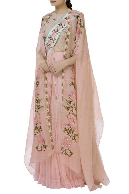 Yashodhara Pink Organza Embroidered Lehenga Set With Cape