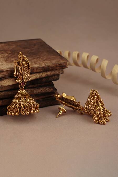 SMARS JEWELRY_Gold Plated Carved Radha Krishna Long Necklace Set_Online_at_Aza_Fashions