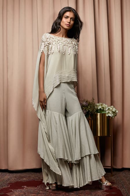 Nandita Thirani Green Chiffon, Poplin Boat Embroidered Kurta And Sharara Set 