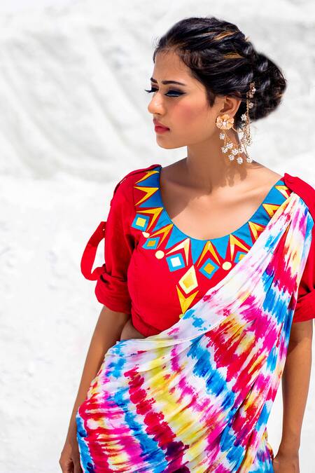 Xoxo Apurva Multi Color Crepe U Neck Tie Dye Dhoti Pant Saree With Blouse Online at Aza Fashions Xoxo Apurva_Multi Color Crepe U Neck Tie Dye Dhoti Pant Saree With Blouse _Online_at_Aza_Fashions