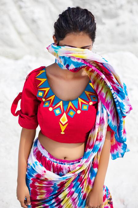 Buy Xoxo Apurva Multi Color Crepe U Neck Tie Dye Dhoti Pant Saree With Blouse Online at Aza Fashions Buy_Xoxo Apurva_Multi Color Crepe U Neck Tie Dye Dhoti Pant Saree With Blouse _Online_at_Aza_Fashions