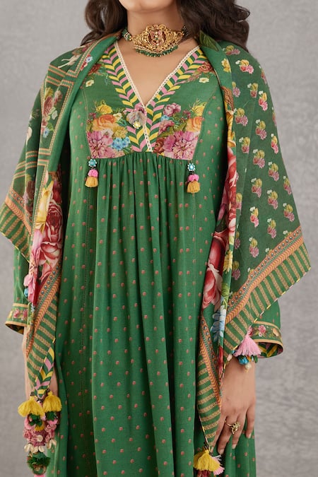 Torani_Green Tassels Panna Trikoniya Scarf _Online_at_Aza_Fashions