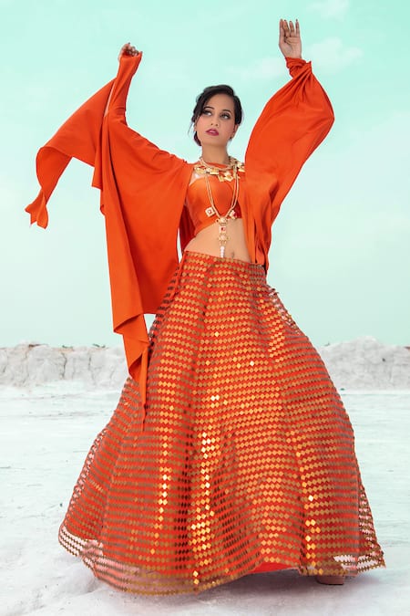Shop Xoxo Apurva Orange Tulle Lehenga And Draped Blouse Set at Aza Fashions Shop_Xoxo Apurva_Orange Tulle Lehenga And Draped Blouse Set _at_Aza_Fashions