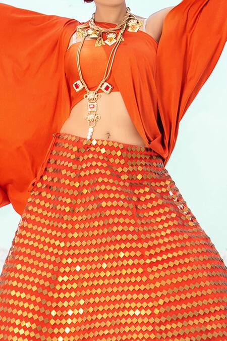 Xoxo Apurva Orange Tulle Lehenga And Draped Blouse Set Online at Aza Fashions Xoxo Apurva_Orange Tulle Lehenga And Draped Blouse Set _Online_at_Aza_Fashions