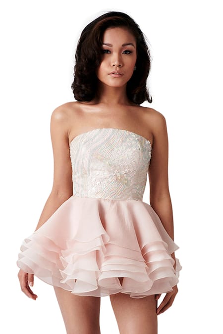Buy Pink Taffeta Embroidery Bandeau Embellished Dress For Women by