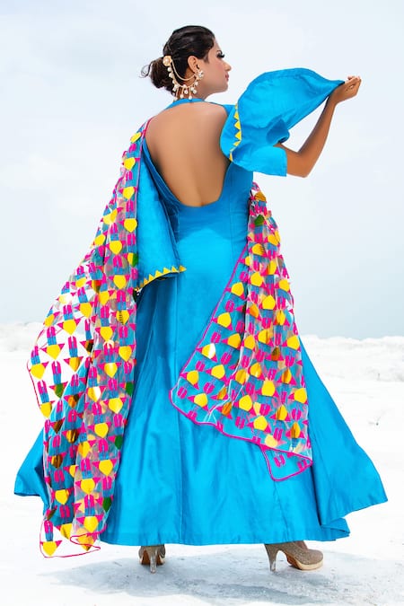 Shop Xoxo Apurva Blue Silk Chanderi Round Anarkali With Dupatta at Aza Fashions Shop_Xoxo Apurva_Blue Silk Chanderi Round Anarkali With Dupatta _at_Aza_Fashions