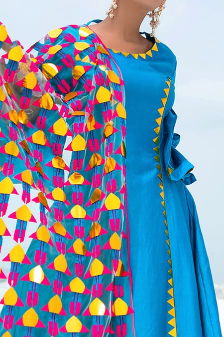 Buy Xoxo Apurva Blue Silk Chanderi Round Anarkali With Dupatta Online at Aza Fashions Buy_Xoxo Apurva_Blue Silk Chanderi Round Anarkali With Dupatta _Online_at_Aza_Fashions