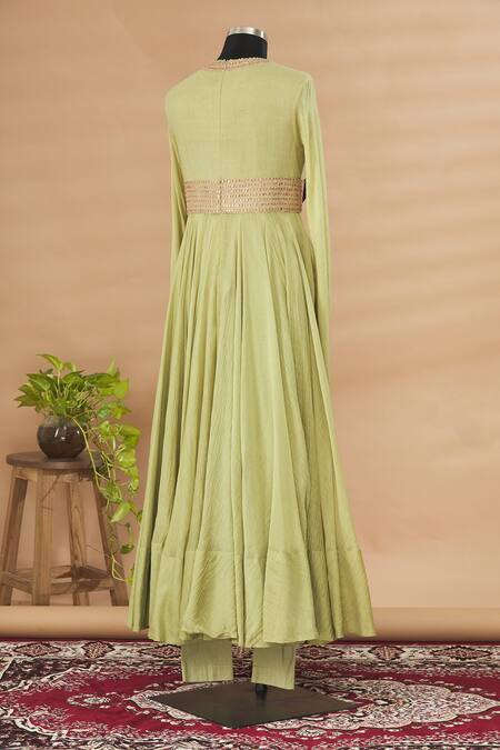 Shop_Anamika Khanna_Green Embroidered Anarkali Set_at_Aza_Fashions