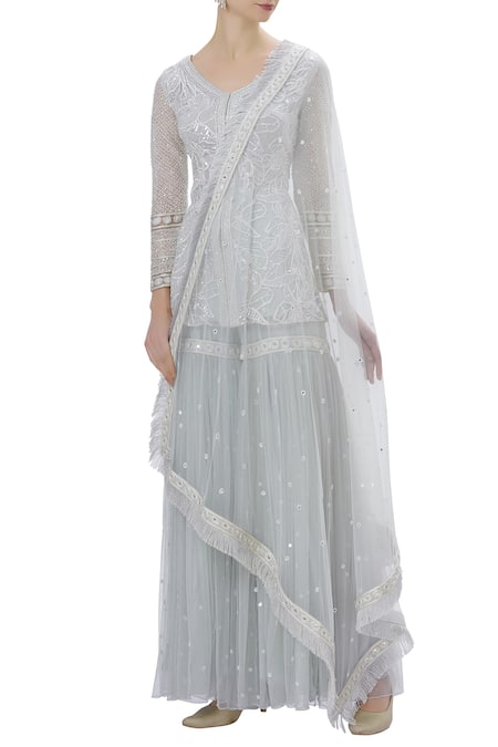 Ritika Mirchandani Grey Net Embroidered Kurta Sharara Set