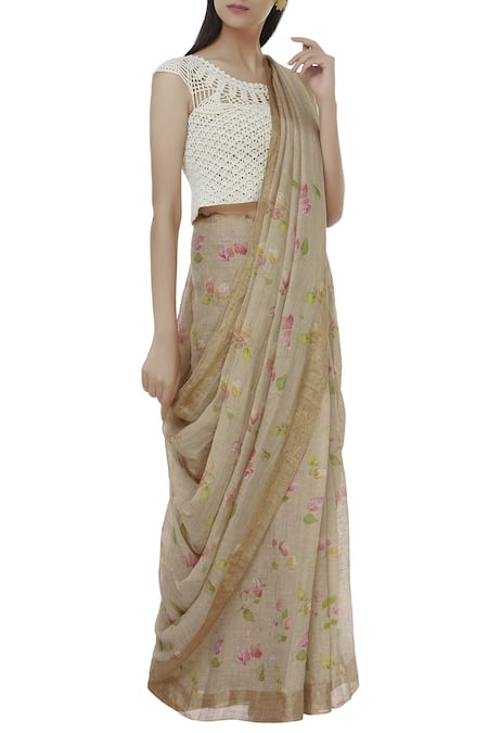 Nadiya Paar Beige Linen Printed Saree