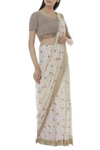 Nadiya Paar_White Linen Printed Saree_Online_at_Aza_Fashions