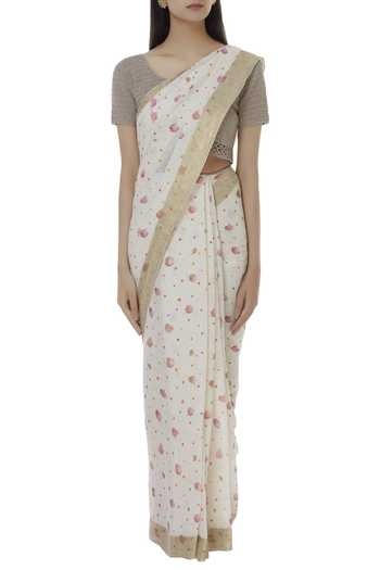 Buy_Nadiya Paar_White Linen Printed Saree_Online_at_Aza_Fashions