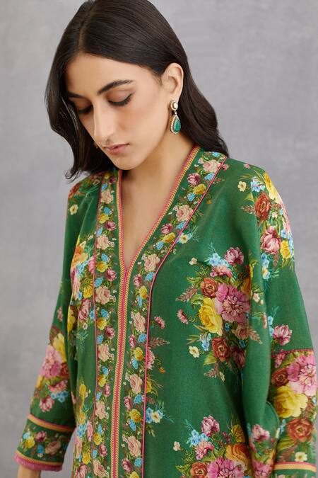 Torani_Green Cotton Silk, Handwoven Chanderi V Neck Panna Aqsa Kaftan And Pant Set _Online_at_Aza_Fashions