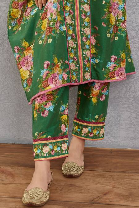 Buy_Torani_Green Cotton Silk, Handwoven Chanderi V Neck Panna Aqsa Kaftan And Pant Set _Online_at_Aza_Fashions