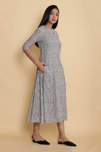 ABRAHAM AND THAKORE_Grey Mangalagiri Cotton Round Striped Midi Dress_Online_at_Aza_Fashions