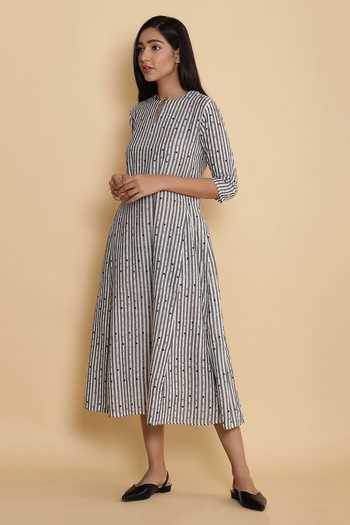 Buy_ABRAHAM AND THAKORE_Grey Mangalagiri Cotton Round Striped Midi Dress_Online_at_Aza_Fashions