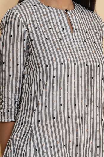 Shop_ABRAHAM AND THAKORE_Grey Mangalagiri Cotton Round Striped Midi Dress_Online_at_Aza_Fashions