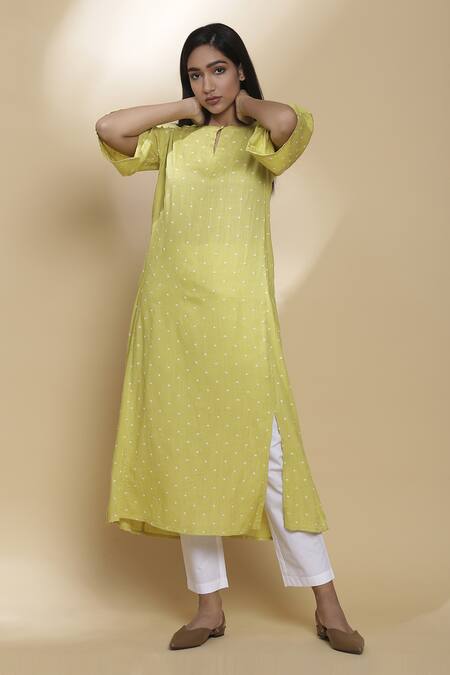 Shop Abraham And Thakore Yellow Viscose Round Embroidered Long Kurta Online at Aza Fashions Shop_Abraham And Thakore_Yellow Viscose Round Embroidered Long Kurta_Online_at_Aza_Fashions