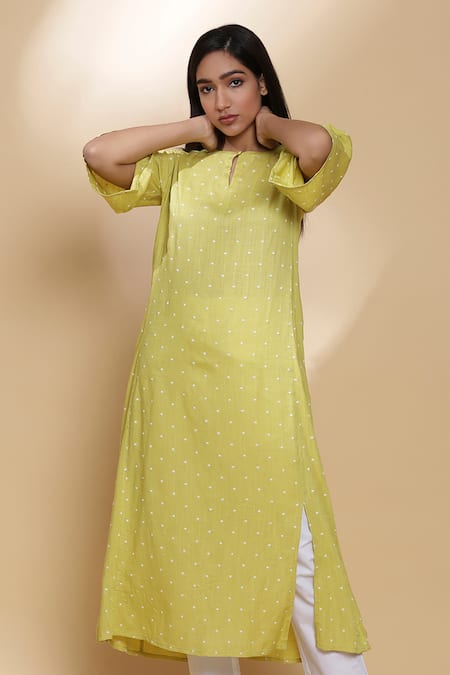 Abraham & Thakore Yellow Viscose Round Embroidered Long Kurta 