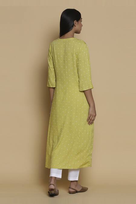 Shop Abraham And Thakore Yellow Viscose Round Embroidered Long Kurta at Aza Fashions Shop_Abraham And Thakore_Yellow Viscose Round Embroidered Long Kurta_at_Aza_Fashions